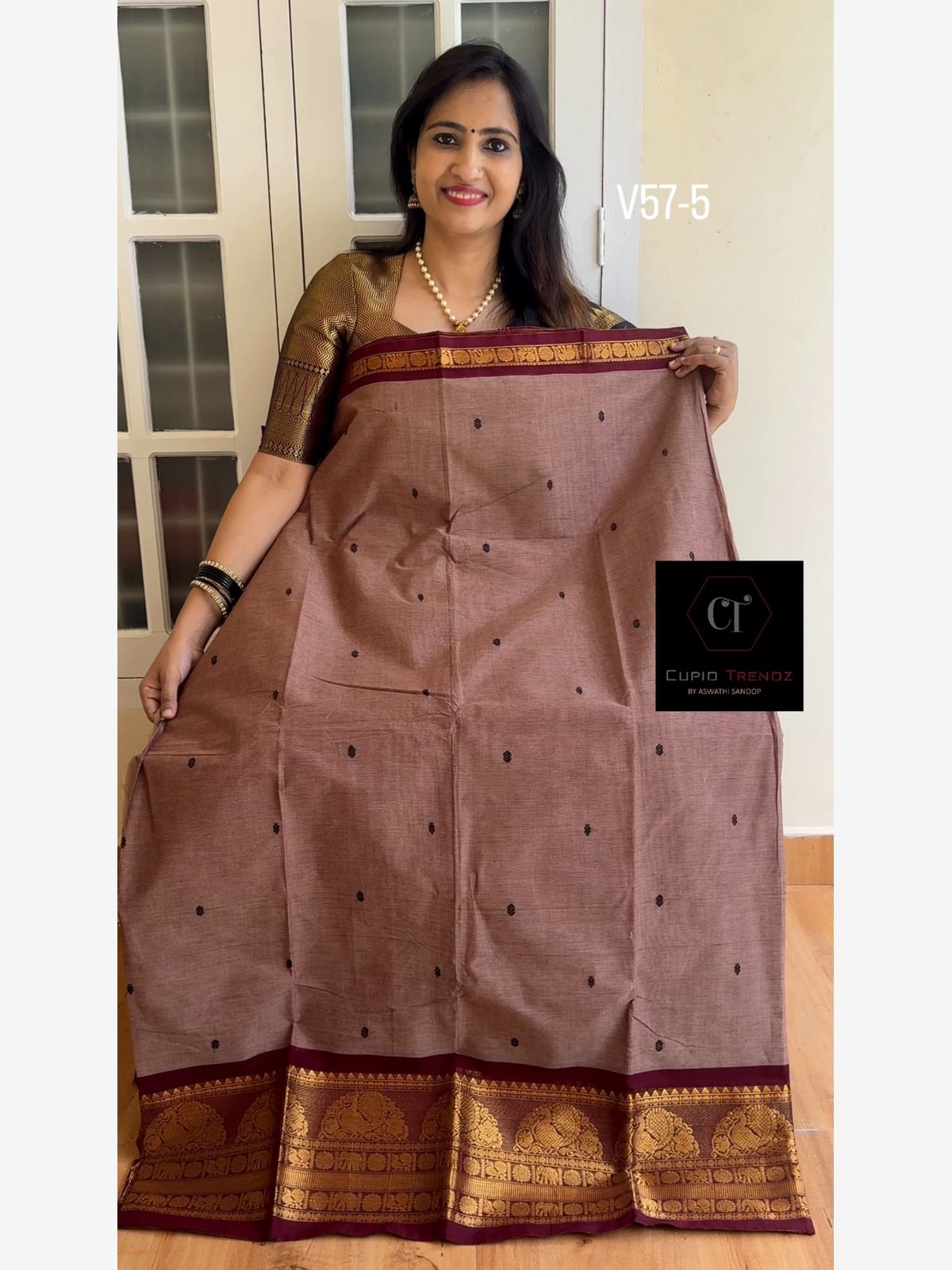57-5 Dark Mauve kanchi cotton saree - Image 1