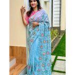 Powder Blue crushed organza saree with embroidery