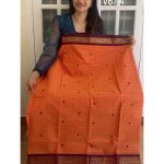 Orange with maroon checked kanchi cotton saree
