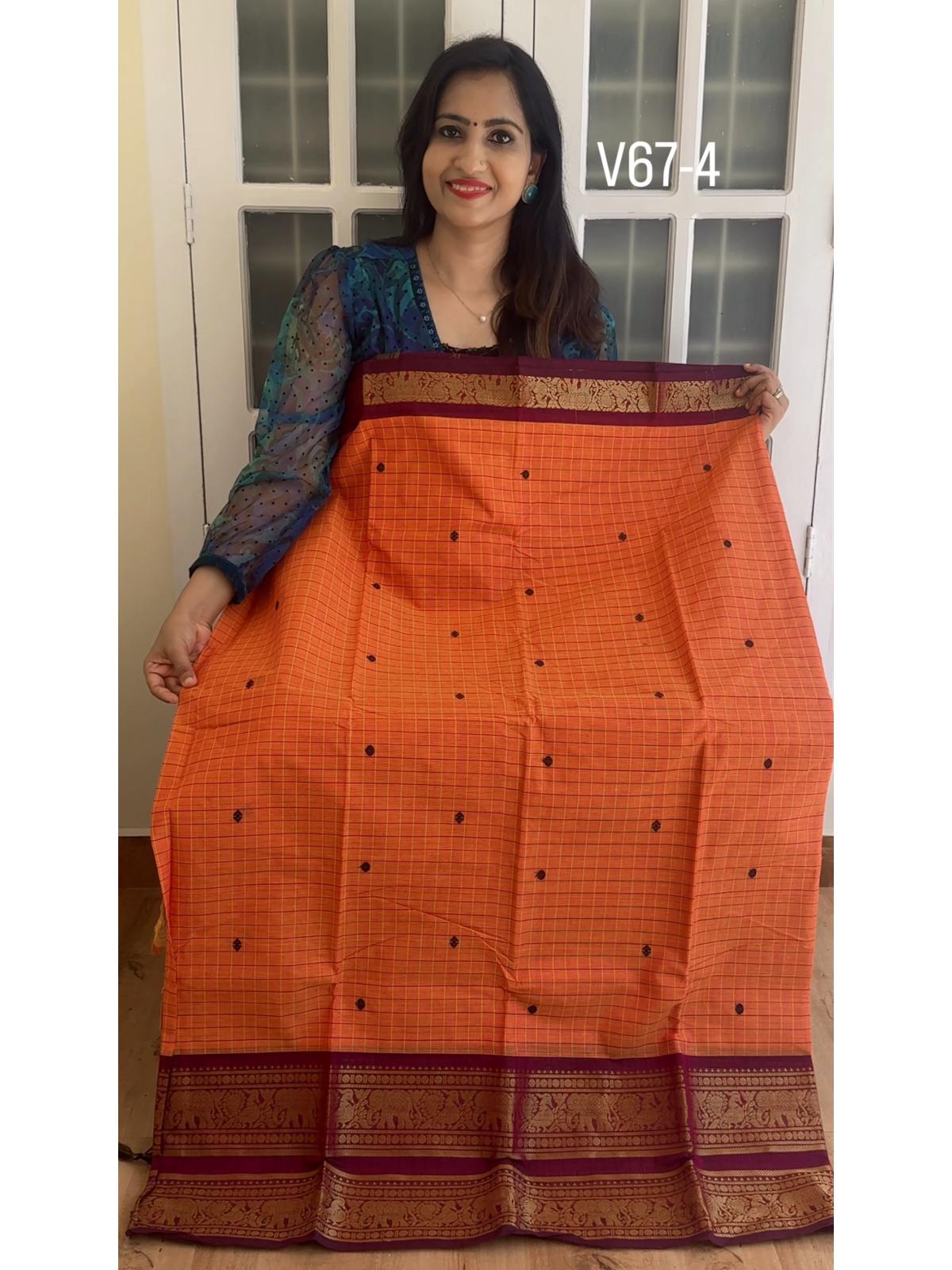 IMG_4257_1200x1600 Orange with maroon checked kanchi cotton saree - Image 1
