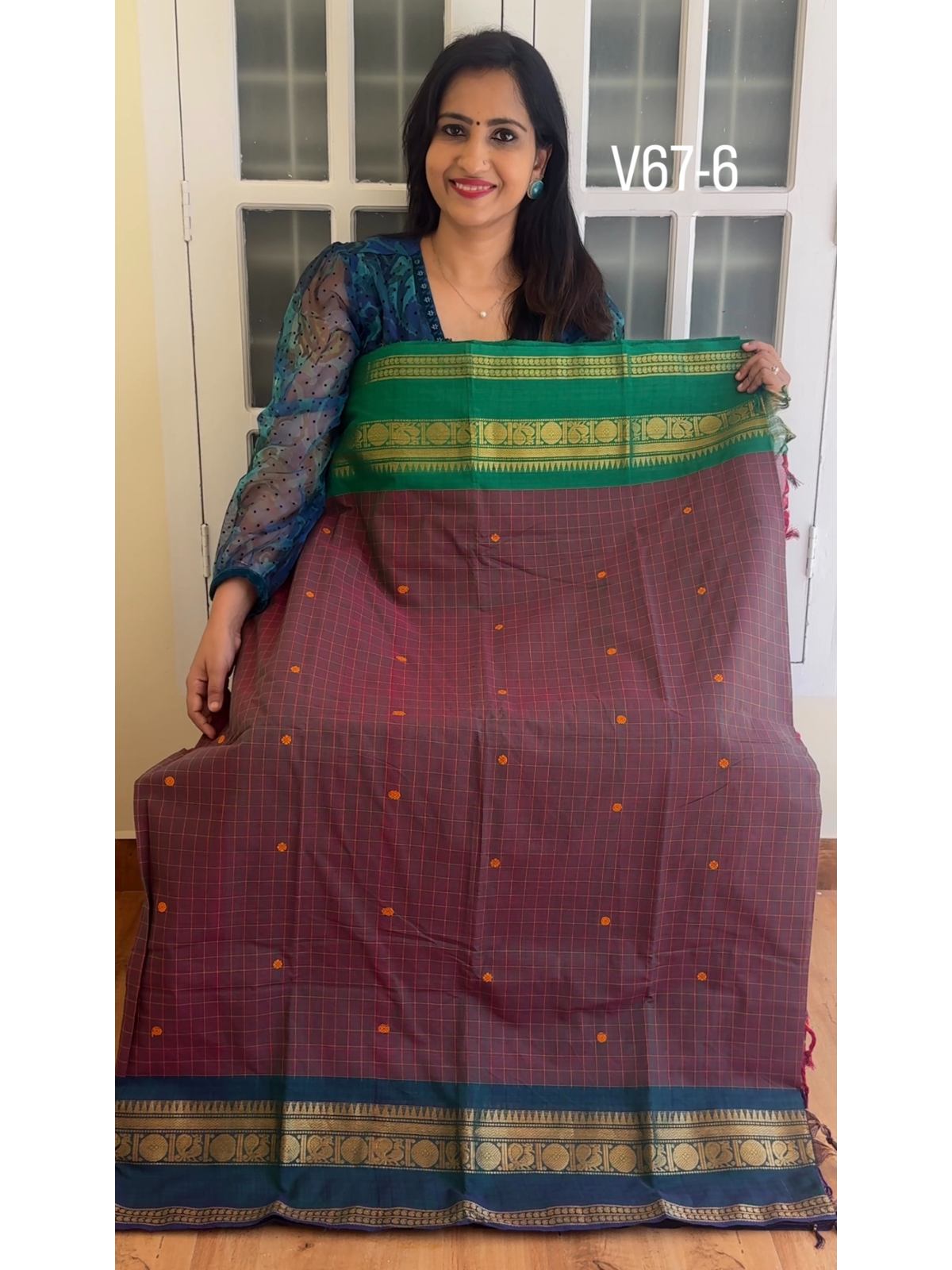 IMG_4261_1200x1600 Brown with green dual toned kanchi cotton saree - Image 1