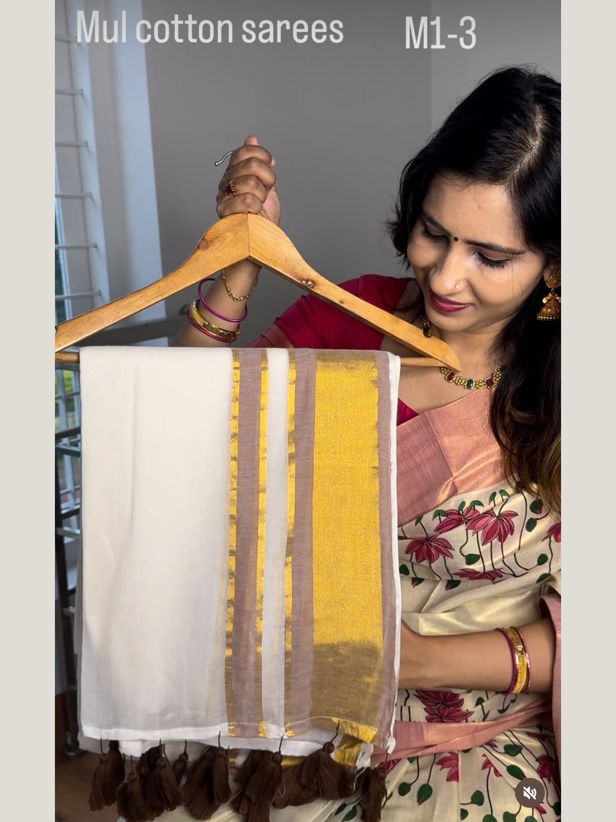Mul_Cotton_M1-3_1200x1600_NO_STRETCH_under195KB Mulcotton saree with light chocolate and golden combination border - Image 1