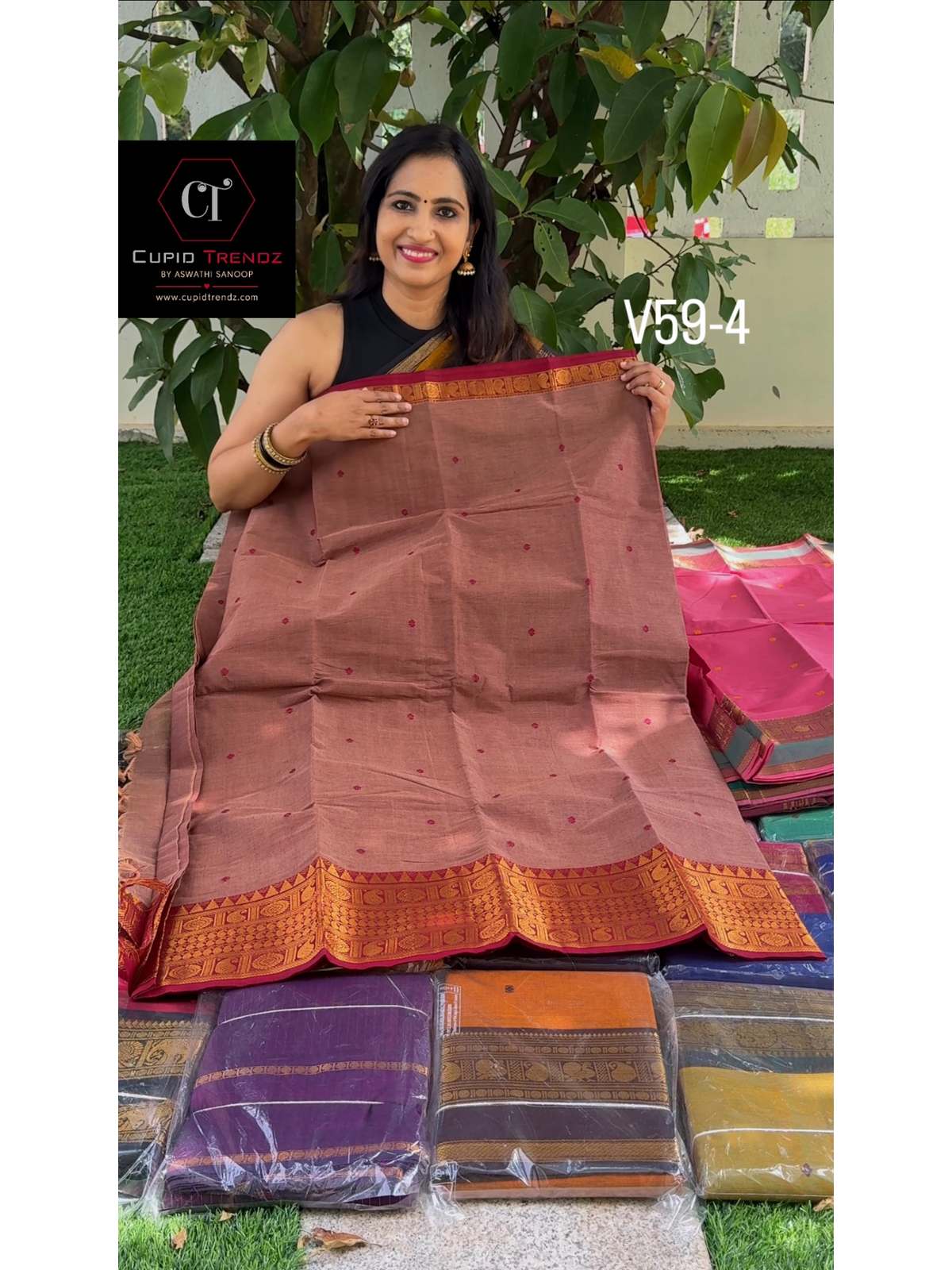 v59-4 Pastel Chocolate kanchi cotton saree - Image 1