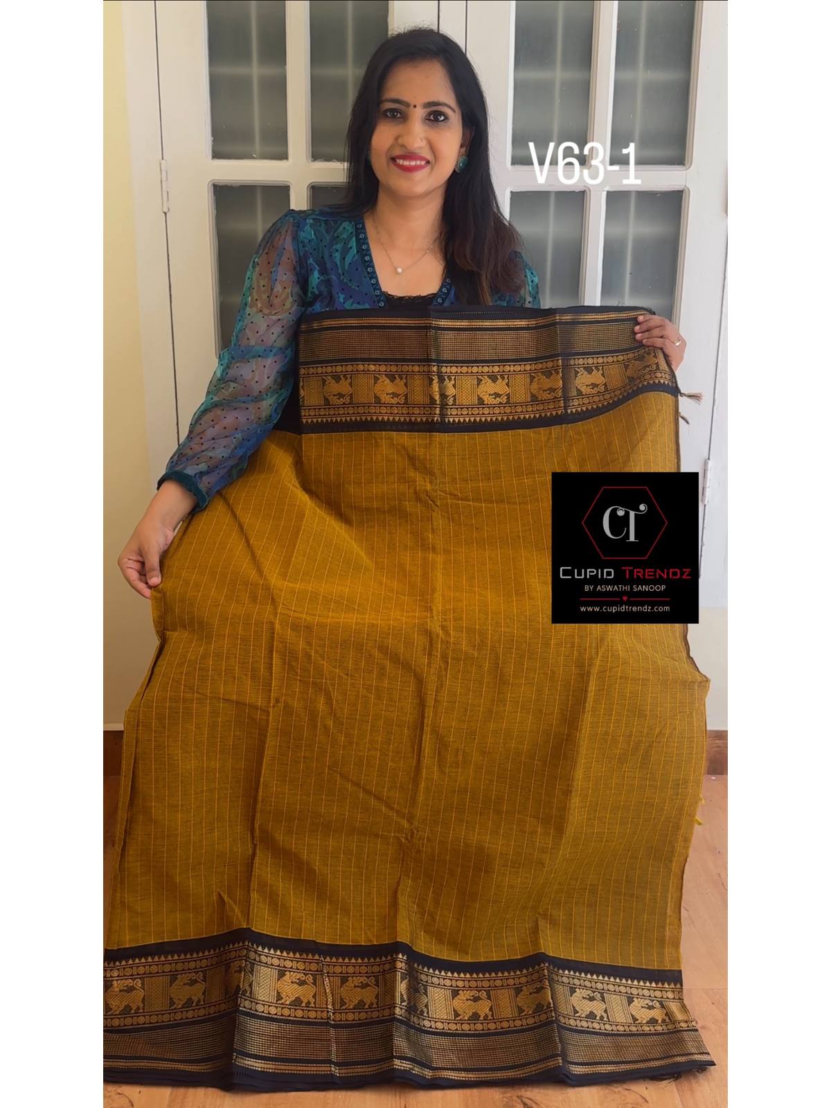v63-1b Mustard with Black kanchi cotton saree - Image 1