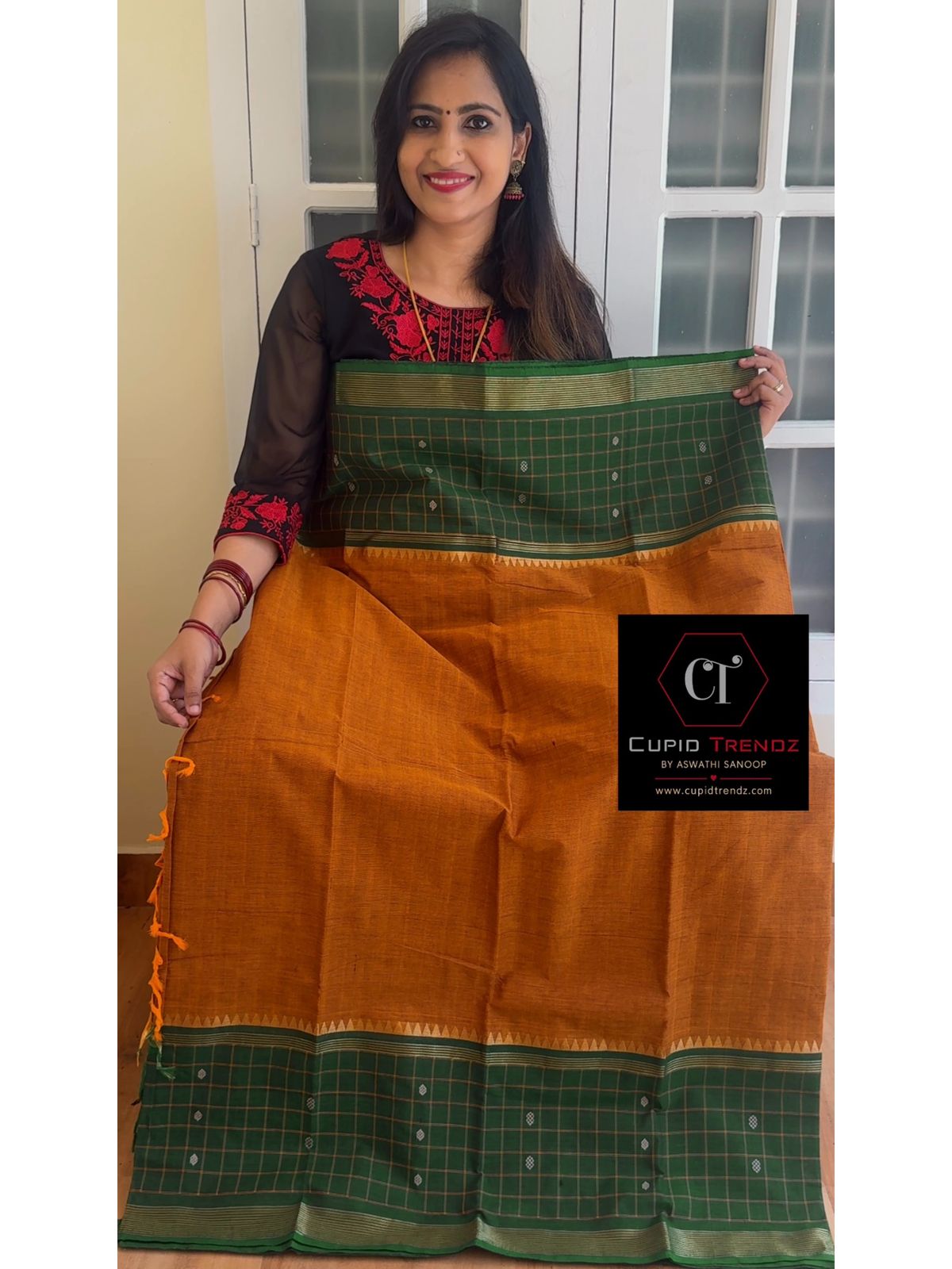 v64-1 Mustard with Green kanchi cotton saree - Image 1