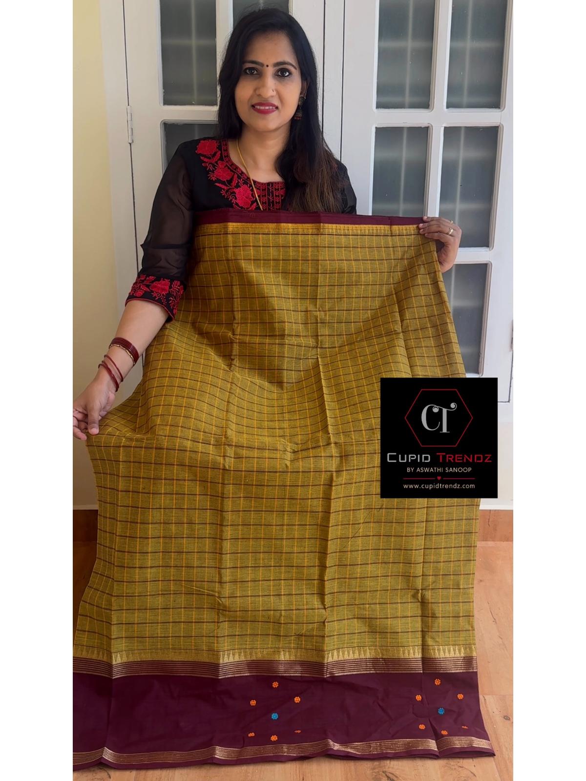 v64-6 Limeade greenish yellow kanchi cotton saree - Image 1